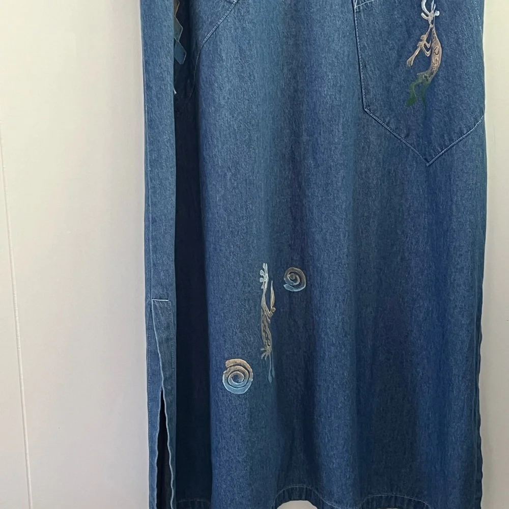 Cactus California Vintage Denim Dress Hand- Painted Kokopelli & Cactus Sz Large - Picture 9 of 16